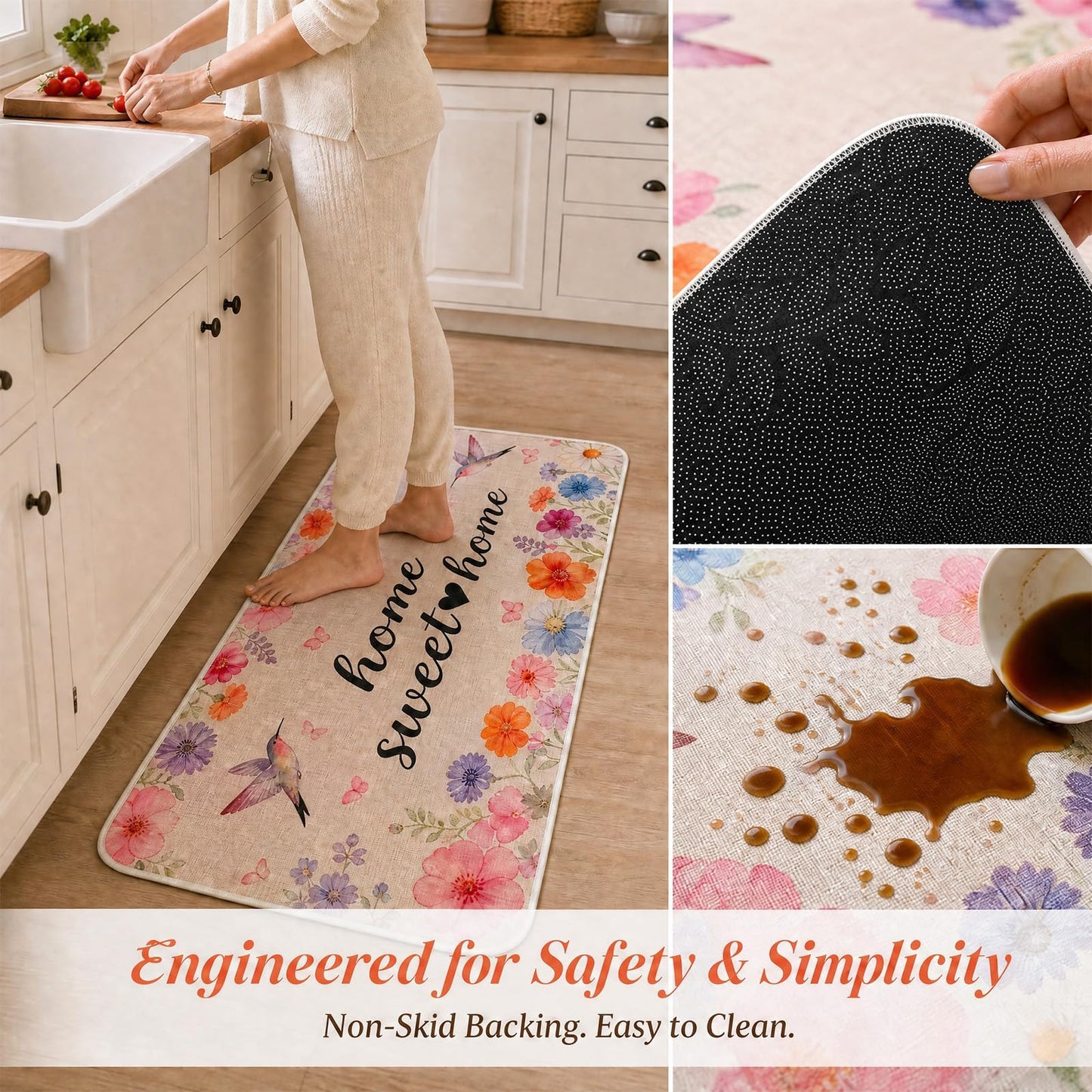 Kitchen Mats for Floor 3PCS,Non Slip Waterproof Kitchen Sink Rugs,Washable Spring Hummingbird Floral Door Mat Comfort Standing Mat for Laundry, Desk, Bar, Office,17“x32”+17“x47”+17“x60”(Hummingbird)