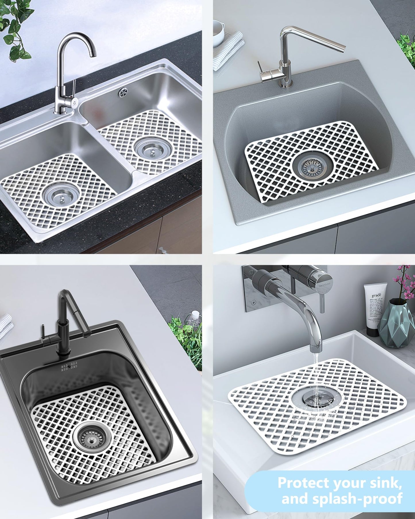BEHOK 2 Pack Silicone Sink Protector for Kitchen Sink, Trellis Pattern 13 x 11 inches Sink Grid Mat Silicone Protectors, Center Drain, White