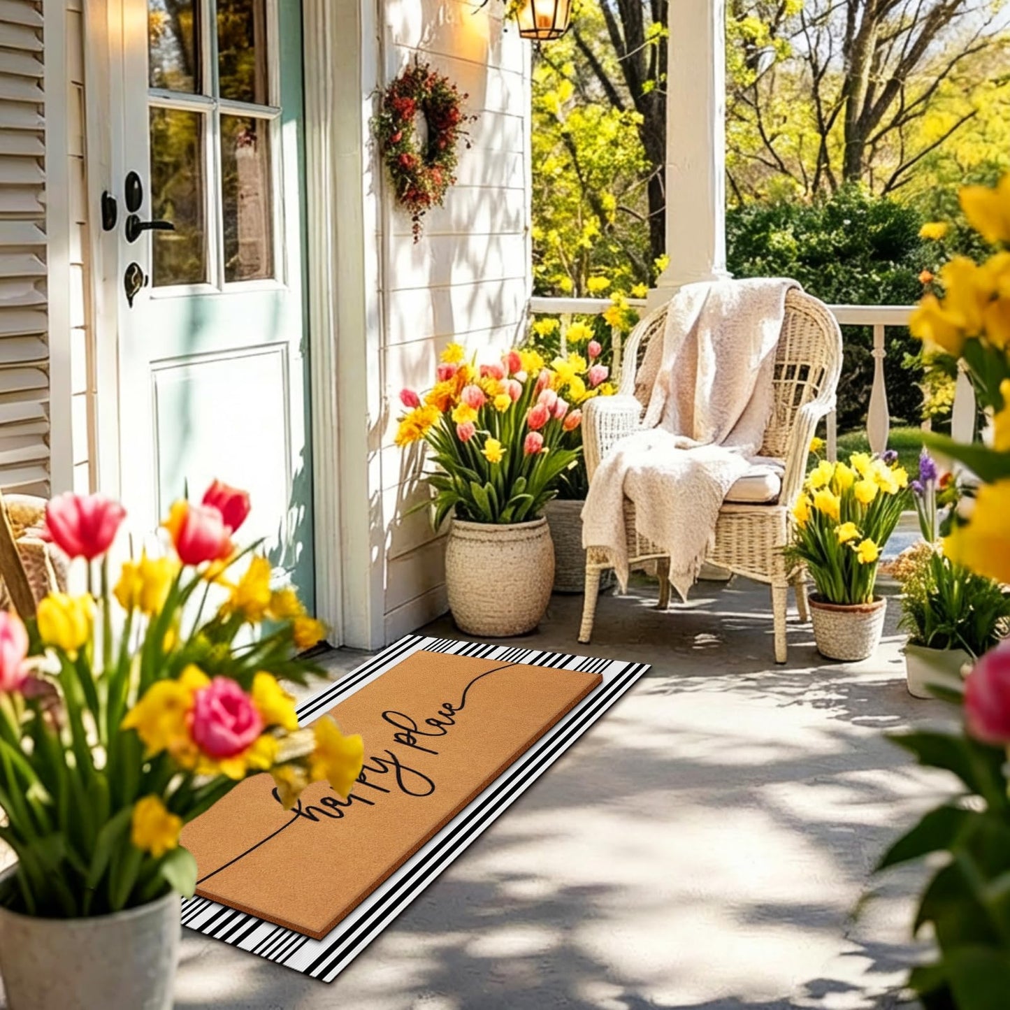 Tinideya 2 Pcs Summer Door Mat 17"x47" Happy Place Welcome Non Slip Coir Mats Large Floor Layering Black White Stripes Doormats Seasonal for Front Porch Entryway Decor