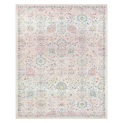 Lahome Pink Boho Area Rug, 8x10 Washable Rugs for Bedroom Girls Living Room, Soft Blush Floral Non Slip Pastel Thin Floor Carpet for Classroom Playroom Home Decor