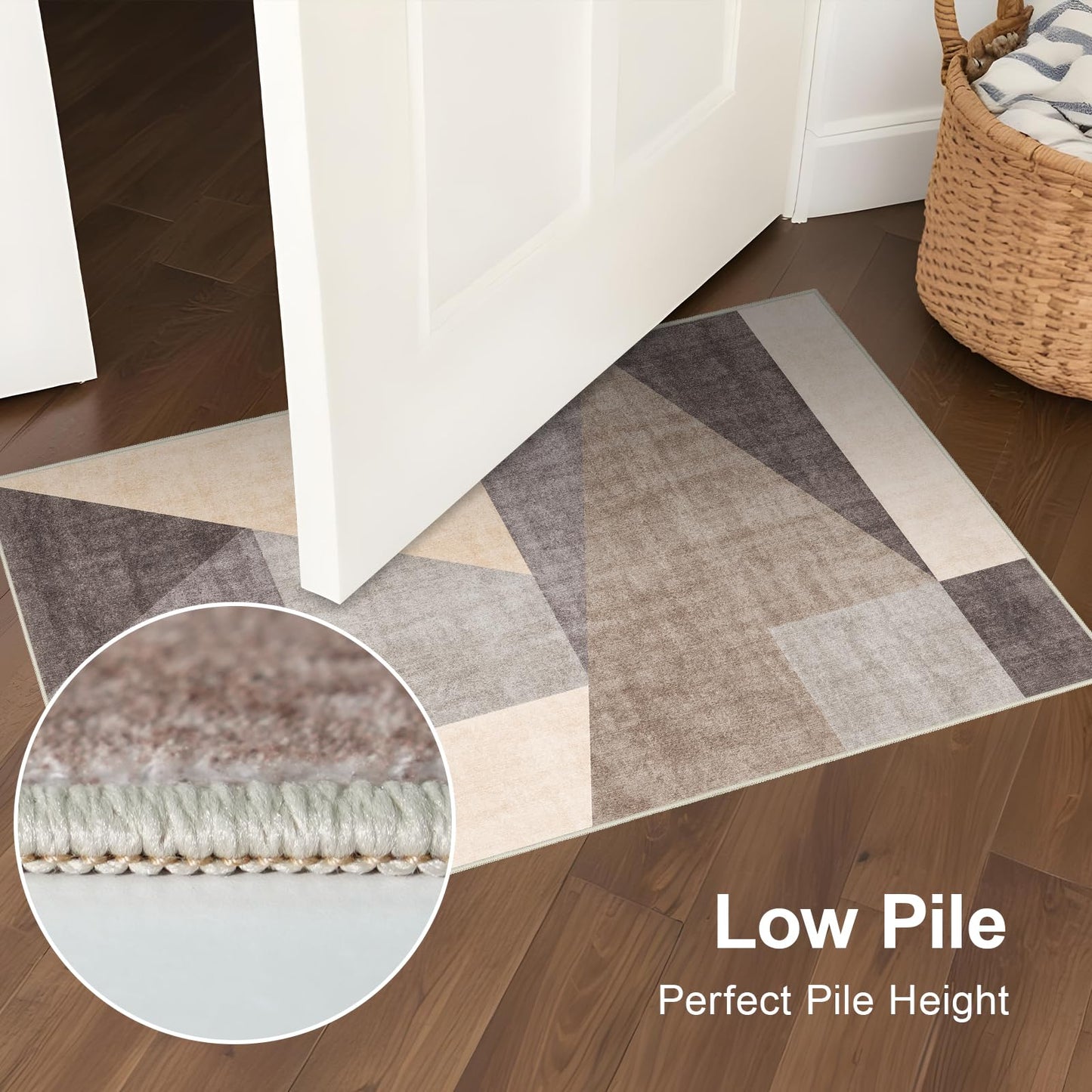 Washable Modern 2x3 Area Rug: Non-Slip Small Throw Carpet Pet Friendly Low Pile Mat for Entryway Kitchen Bedroom Bathroom Floor Stain Resistant Indoor Geometric Rug Brown/Grey
