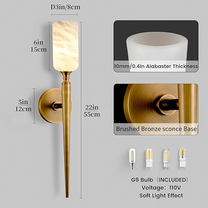 Alabaster Wall Sconce, 22in Modern Spanish Natural Marble Bathroom Vanity Sconces, Unique Indoor Brass Wall Lighting,Gold Fixtures Decor for Bedroom Living Room Staircases
