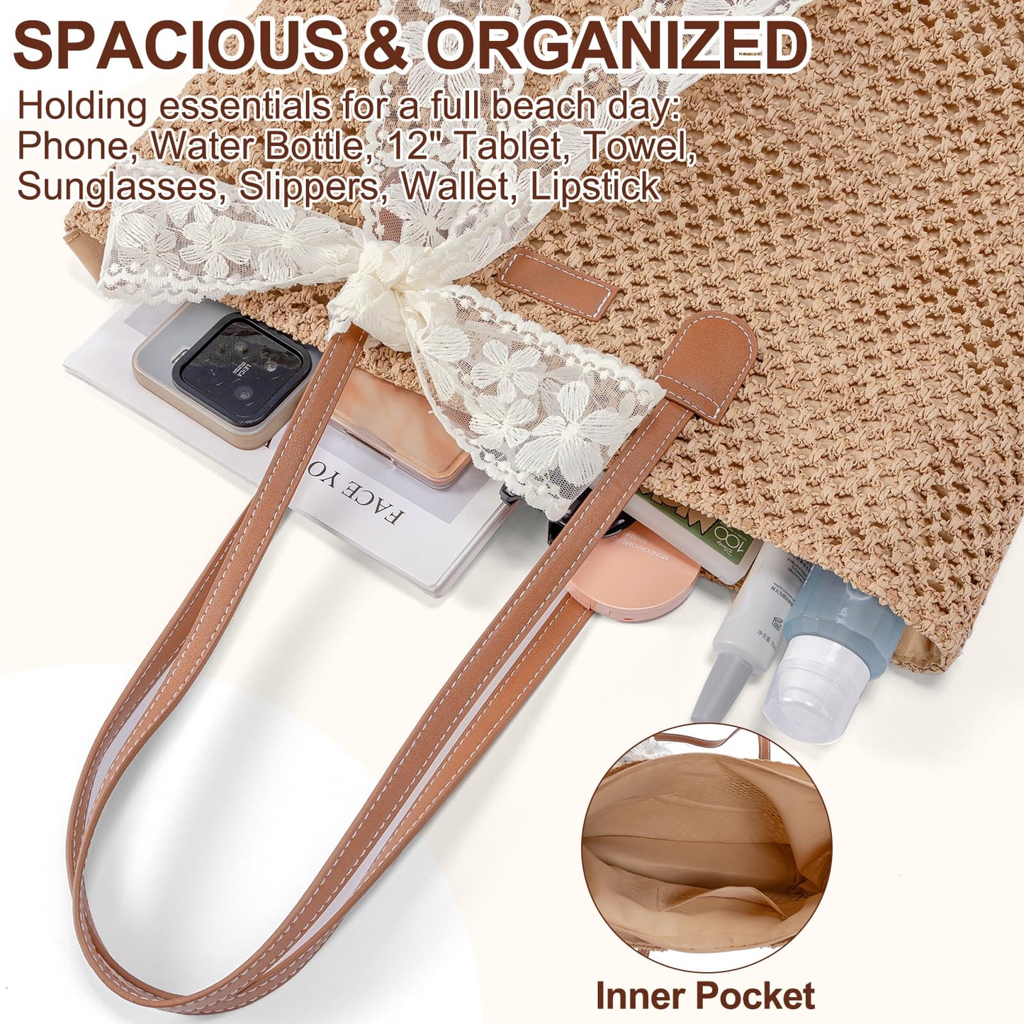 iSamzan Straw Beach Tote Bag for Women: 2026 Large Woven Handbag with Zipper, Perfect for Vacation, Travel and Summer Pool
