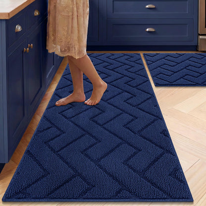 hicorfe Kitchen Runner Rugs and Mats Sets,2 Pieces Absorbent Non-Slip Kitchen Rug,Comfort Kitchen Mat for Floor,Washable for Kitchen,Hallway,Office,Sink,Laundry(20"x48"+20"x32" Navy Blue)