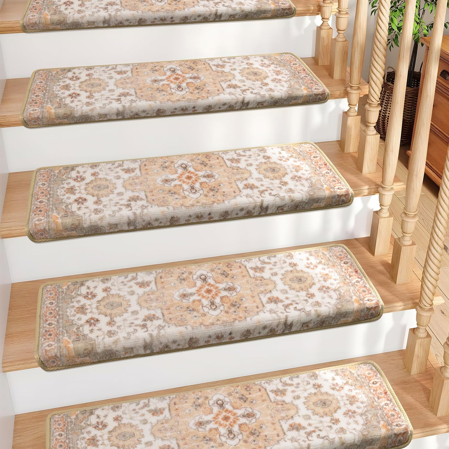 Brakki Bullnose Non-Slip Stair Treads for Wooden Steps, Carpet Stair Treads for Indoor Runner, Pet Friendly Soft Stair Rugs, Edging Stair Protectors Reusable, Washable, 30"x9.5"x1.5" 14pcs, Beige