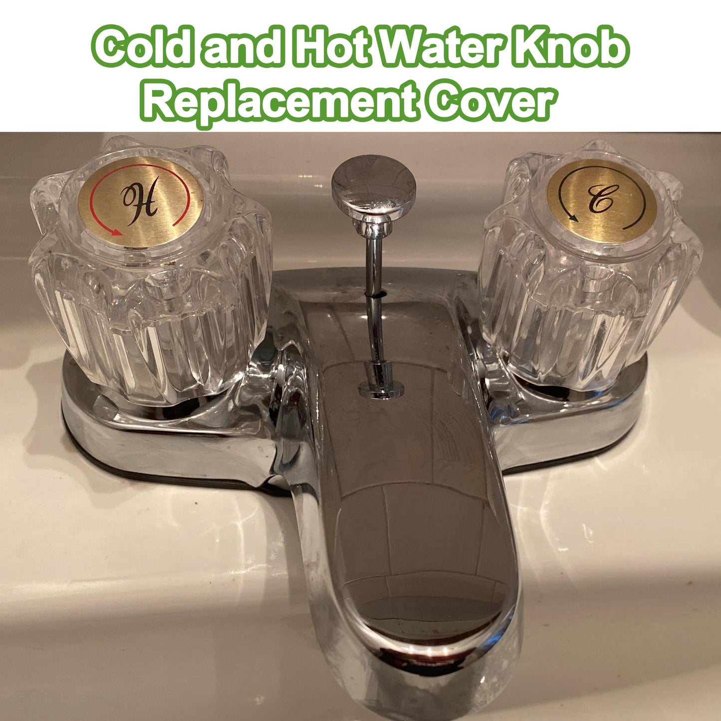 Universal Hot and Cold Faucet Index Buttons, 1.14 inch Inner Diameter Faucet Index Bathroom Sink Handle Buttons, Clear Acrylic with Gold for Delta/LDR/Delex/Peerless Two Clear Handles (4 pack)