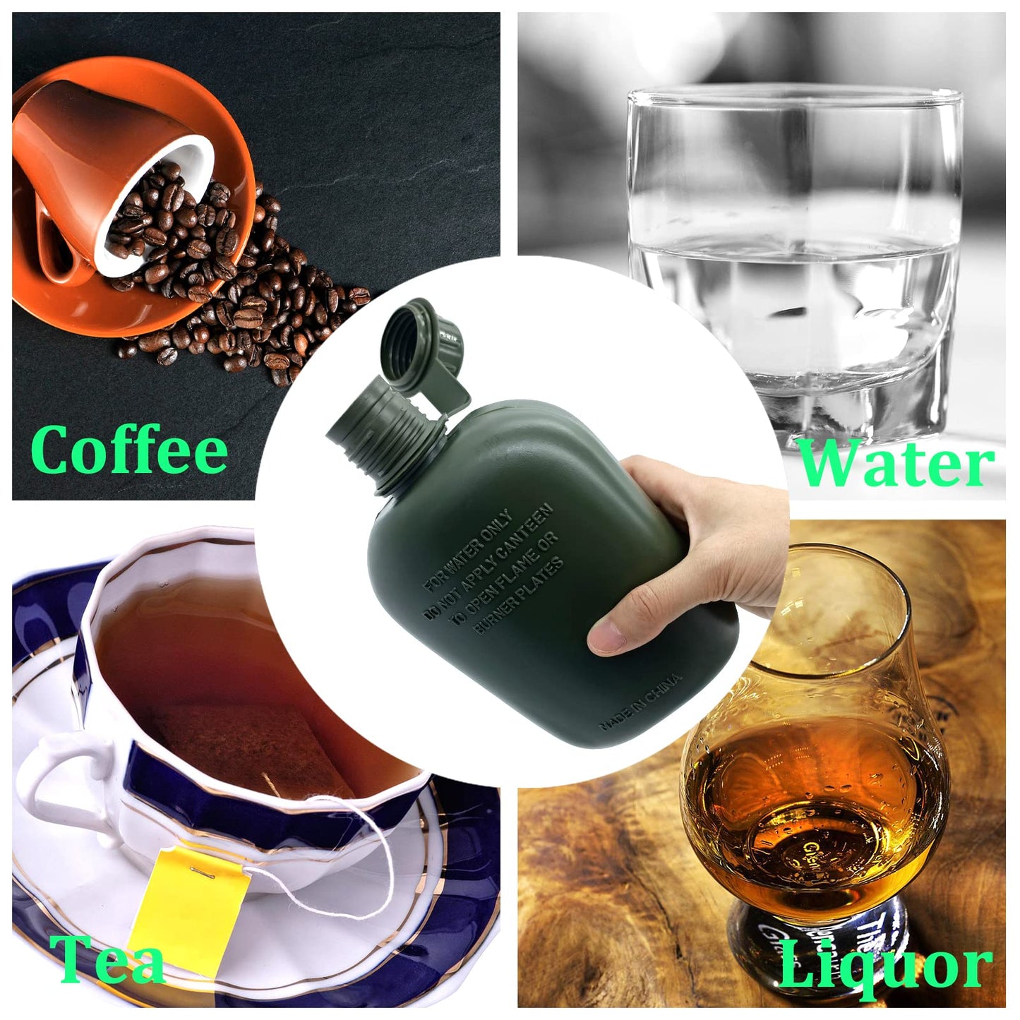 Plastic Military Canteen, 1 Quart Portable Army Water Bottle with Cup Sleeves and Waist Belt for Hiking Camping Climbing and Most Outdoor Activities
