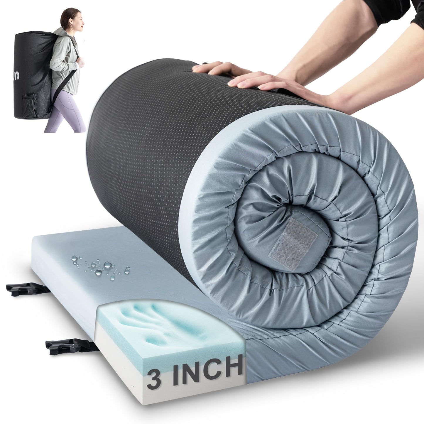 Kingfun 3 Inch CertiPUR-US Memory Foam Camping Mattress Pad, Waterproof Roll up Sleeping Pad, Thick Floor Sleeping Mats for Tent with Removable Travel Bag(Light Blue, Cot)