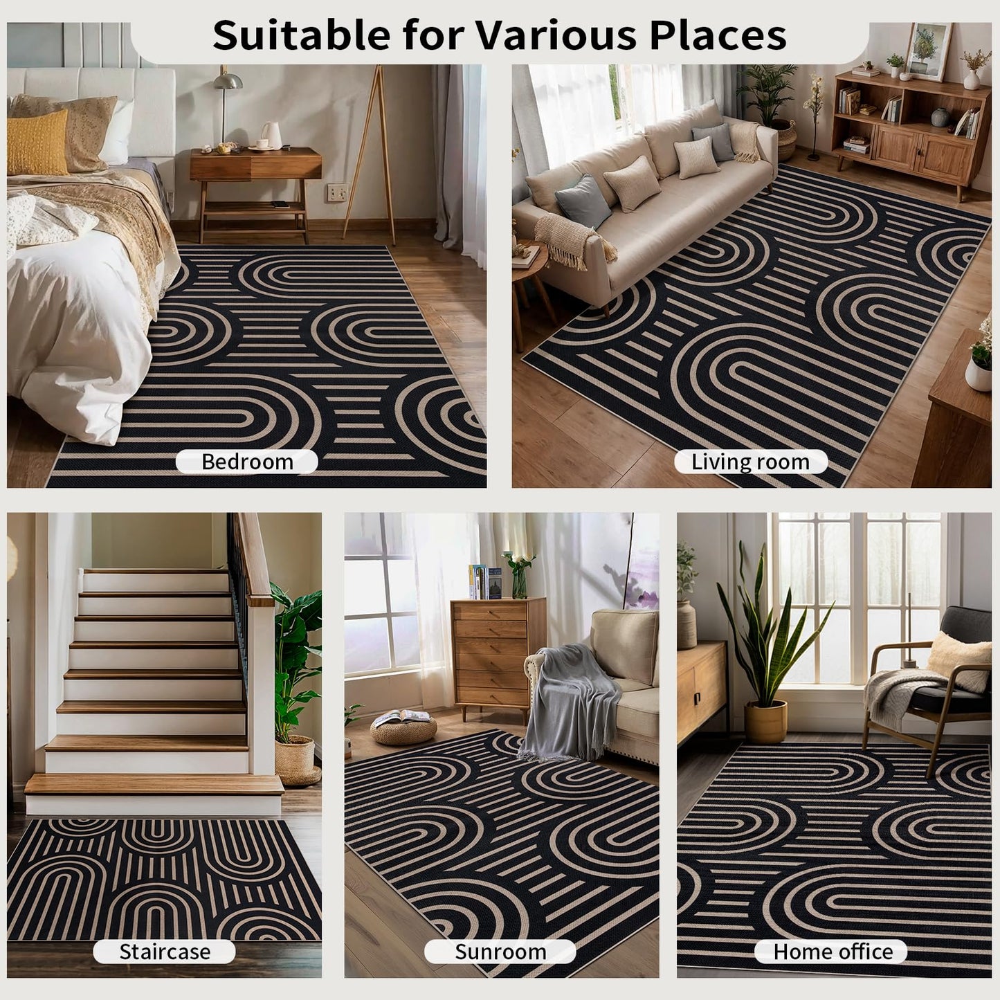 Tangsoo Modern Easy Jute Rug 5x7 Large Washable Area Rugs for Dining Room Table,Non-Slip Thin Black Indoor Outdoor Rug,Farmhouse Neutral Throw Mat for Living Room Backyard Patio Office Home Decor