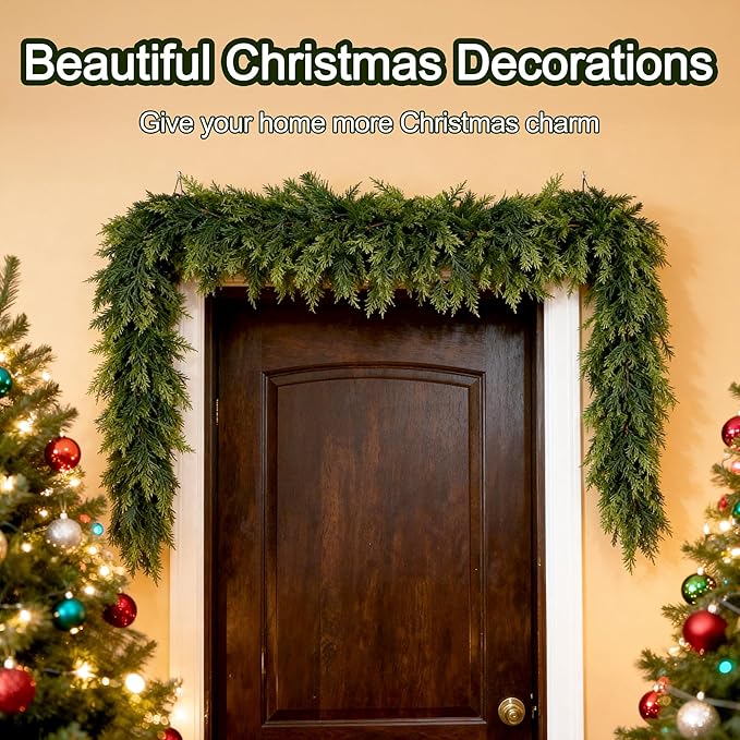 6ft Real Touch Cedar Garland Artificial Realistic Christmas Greenery Pine Garland with 150 Cedar Branches for Mantle, Fireplace, Table, Stairs, Doorframe, Window, Outdoor Indoor Xmas Decor