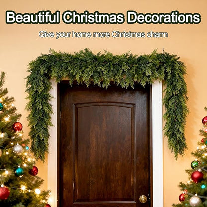 6ft Real Touch Cedar Garland Artificial Realistic Christmas Greenery Pine Garland with 150 Cedar Branches for Mantle, Fireplace, Table, Stairs, Doorframe, Window, Outdoor Indoor Xmas Decor