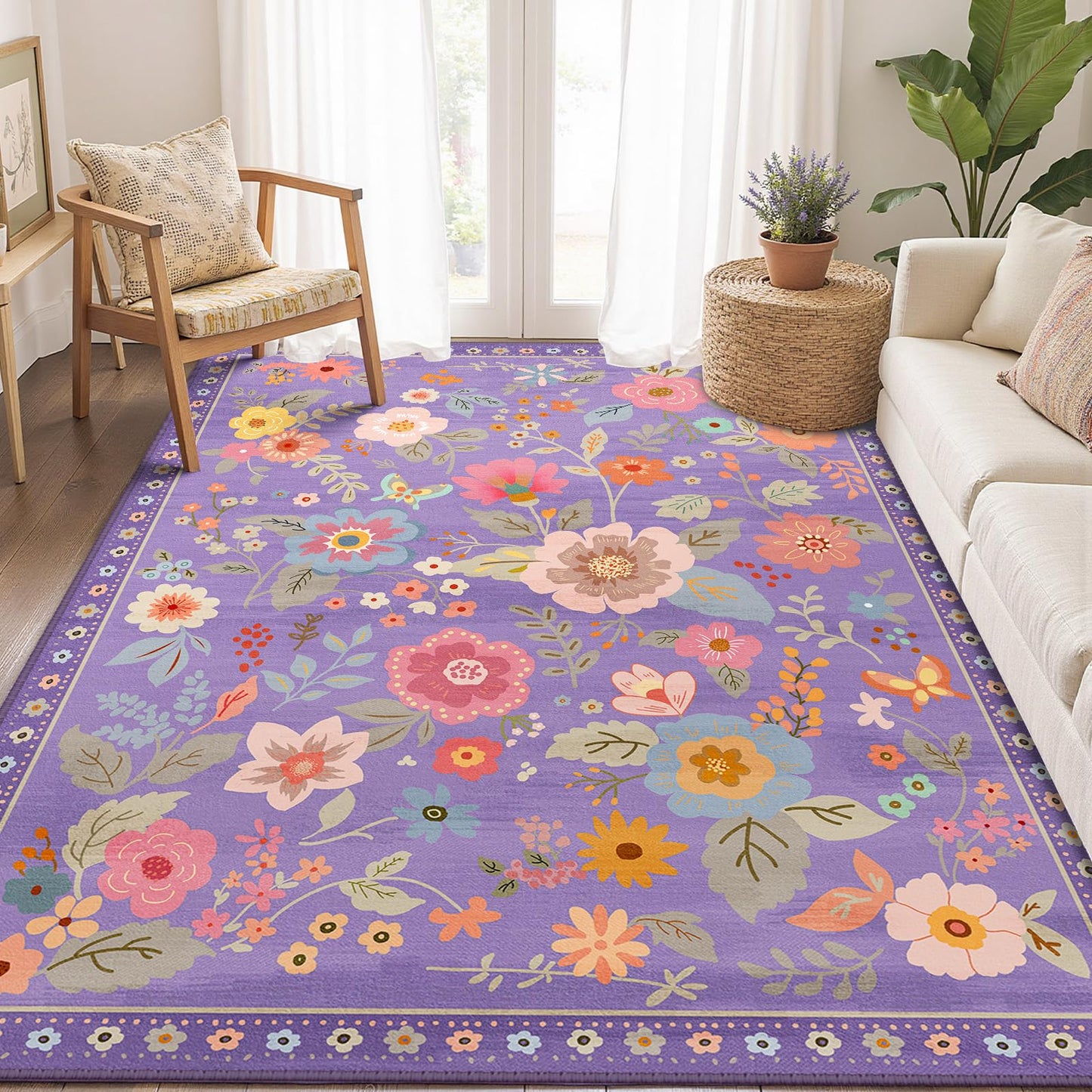 RELEANY Floral 5x7 Area Rugs Washable Print Boho Cute Carpet Non Slip Flower Low Pile for Living Room Bedroom Kitchen Office Farmhouse-Purple/Pink/Multi
