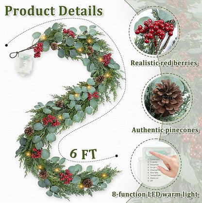 6FT Christmas Garland with Lights Artificial Pine Cypress Eucalyptus Garland with Red Berries Christmas Tips Cedar Garlands,Christmas Decorations Holiday Indoor Outdoor Winter Garland