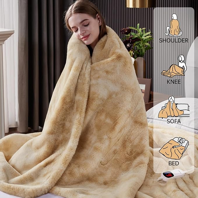 Guohaoi Heated Blanket Electric Throw, Soft Faux Rabbit Fur Electric Blanket with 10 Heating Levels 5 Sitting Timer Auto Off, Cozy Warm Heating Blankets, Machine Washable(84"×90" Beige)