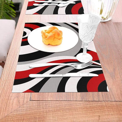 Black Red Retro Modern Swirl Linen Placemats Set of 4, Washable Heat Resistant Table Mats for Dining Table Kitchen Party Holiday Outdoor Farmhouse Gardening, Kitchen Home Decor, Black Red White Grey