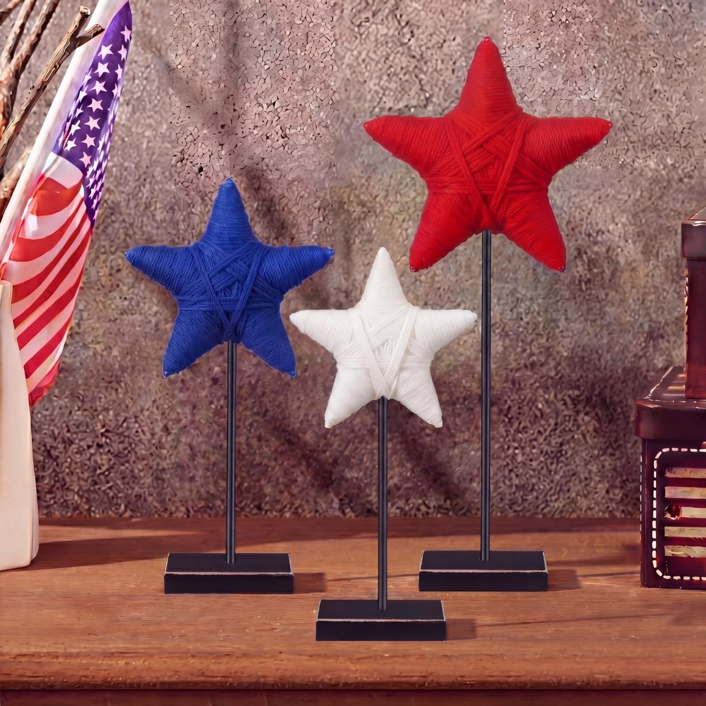 Yousoontic 3 Pcs 4th of July Rustic Patriotic Yarn Wrapped Star 250th Anniversary Tiered Tray Decor Star USA Red White Blue Farmhouse Table Centerpiece Handmade Americana Home Decoration