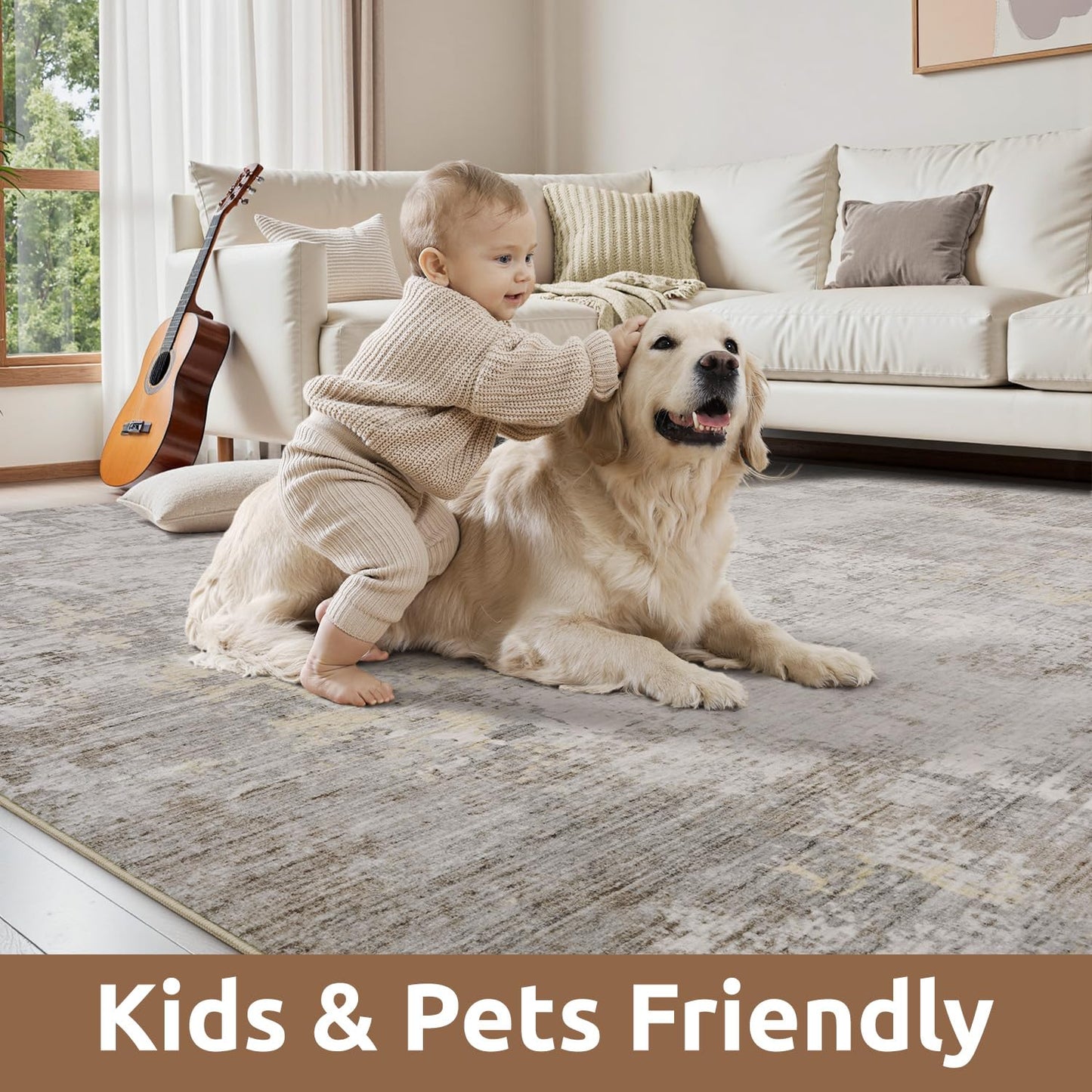 5 x 7 Area Rugs for Living Room, Machine Washable Non Slip Rug Ultra Soft Low Pile Indoor Carpet Modern Abstract Rugs for Bedroom Office Room Dining Room Beside, Beige