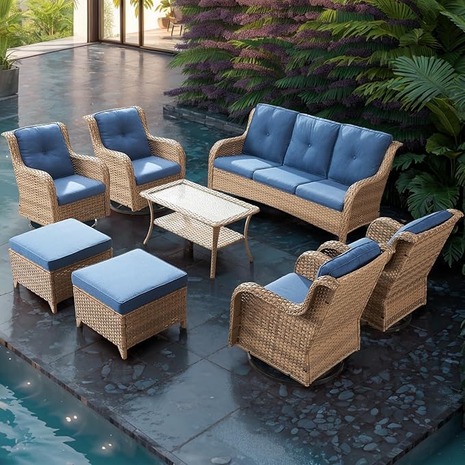 Patio Furniture Swivel Chairs Set - 8 Piece Wicker Rattan Outdoor Sectional Conversation Sets with 4 Swivel Rocking Chairs,2 Ottomans,1 Sofa and 1 Coffee Table for Porch Deck Garden(Yellow/Blue)