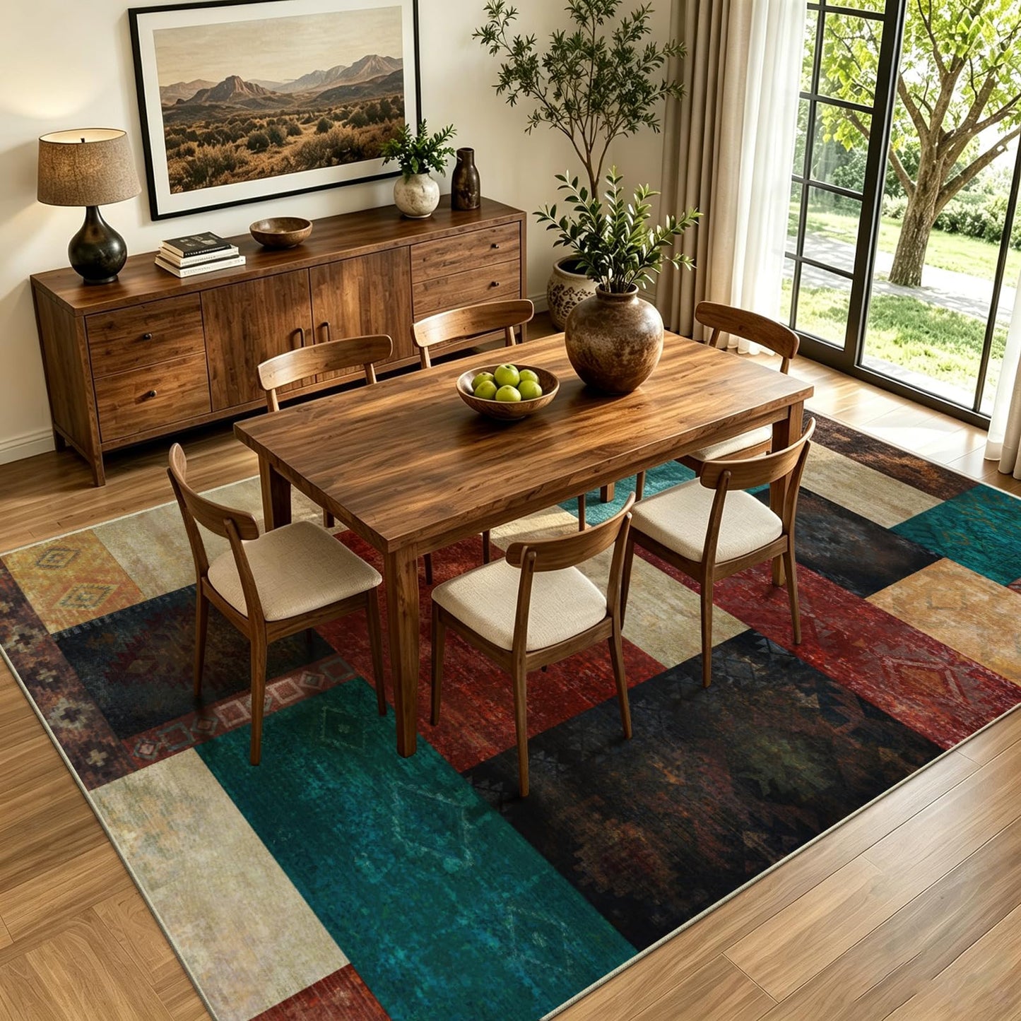 Yinhua Living Room Rug 5x7 Geometric Area Rugs for Bedroom, Washable Patchwork Rugs with Non Slip Backing, Low Pile Soft Faux Wool Rug Carpet for Dining Room Nursery Office Playroom, Colorful