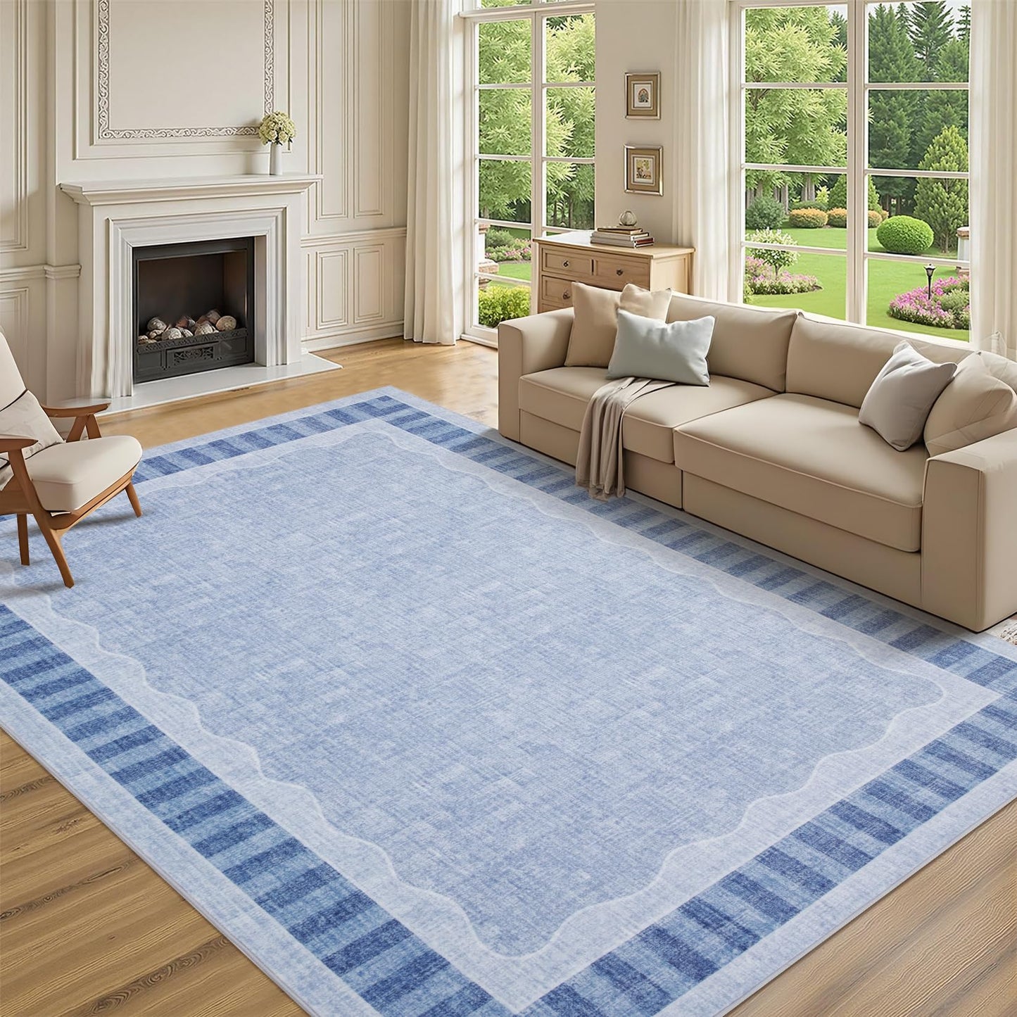 Garvee 10x14 Scalloped Washable Area Rug – Soft Low Pile Non-Slip Backing Large Floor Mat Carpet for Living Room, Bedroom, Dining Room, Playroom, Nursery, Home Decor