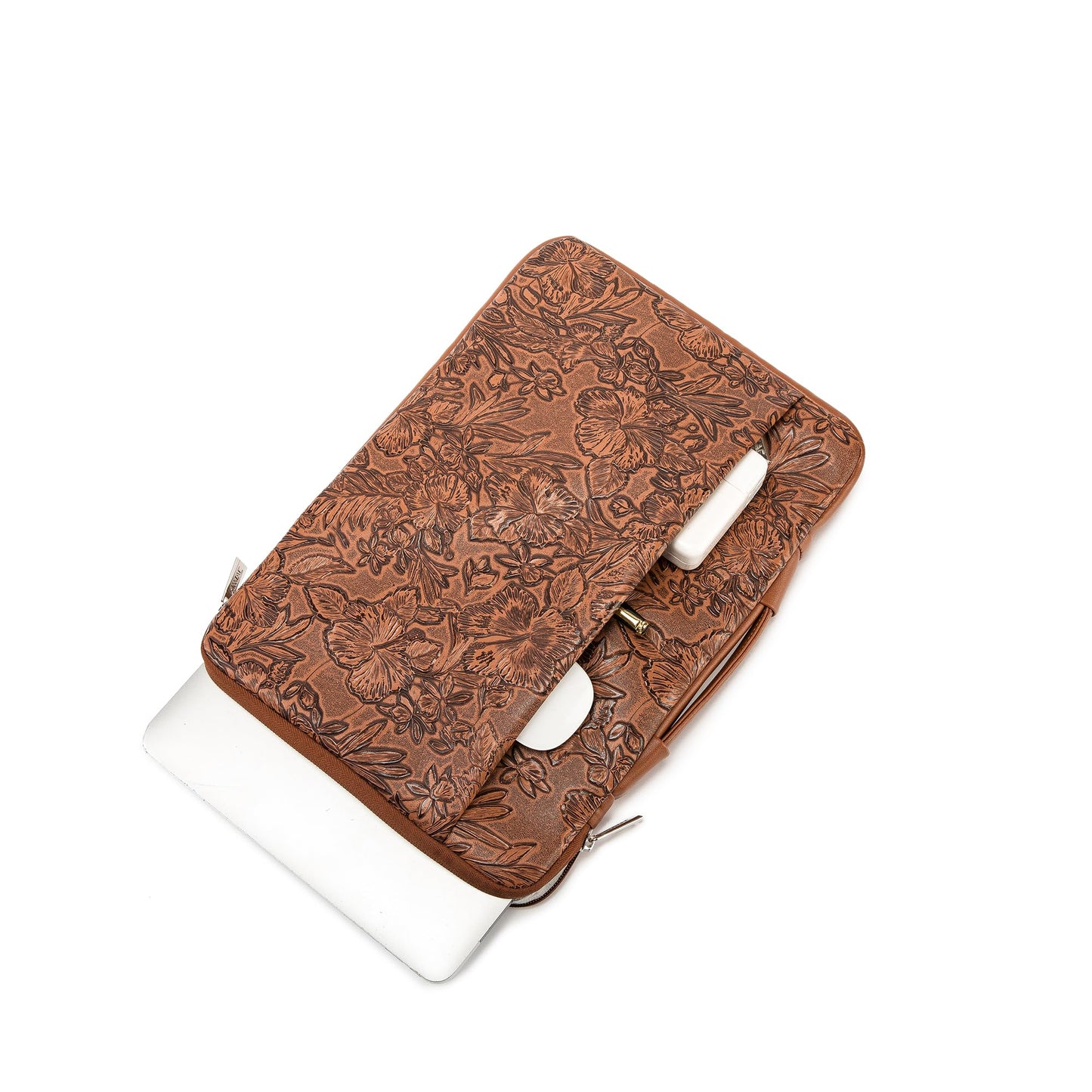 Kinmac Embossed PU Leather 360° Heavy Duty Protective Laptop Sleeve with Poacket (Coffee Flower, 15 inch-15.6 inch)