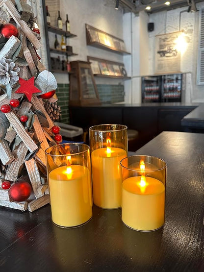 Upinmz Gold Acrylic Flameless Candles with Remote Control and Timers，Battery Operated Candles，LED Pillar Candles with Dancing Flame ，for Home Decorations ，Set of 3