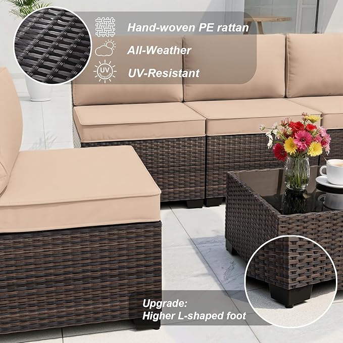 ALAULM 8 Pieces Patio Furniture Set with Propane Fire Pit Table Outdoor Sectional Sofas 55000BTU Gas Fire Pit Brown PE Rattan Patio Conversation Set w/6 Seat Cushions-Sand