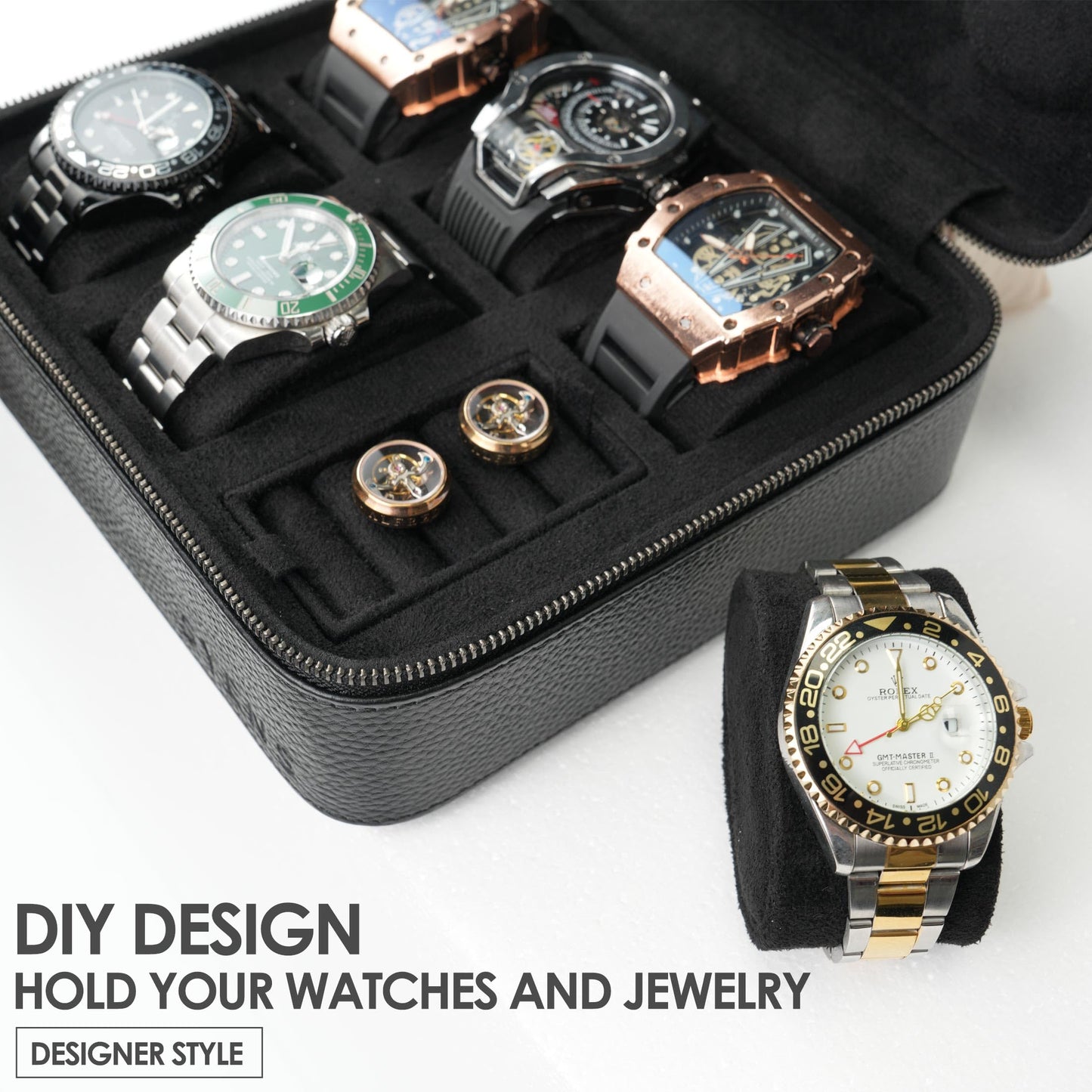 SYENS Real Genuine Leather Watch Travel Case 6 Watches Box, Suitable for all Watches and Smartwatches under 60mm Storage Organizer for Man and Women (6W-Z-BBL)