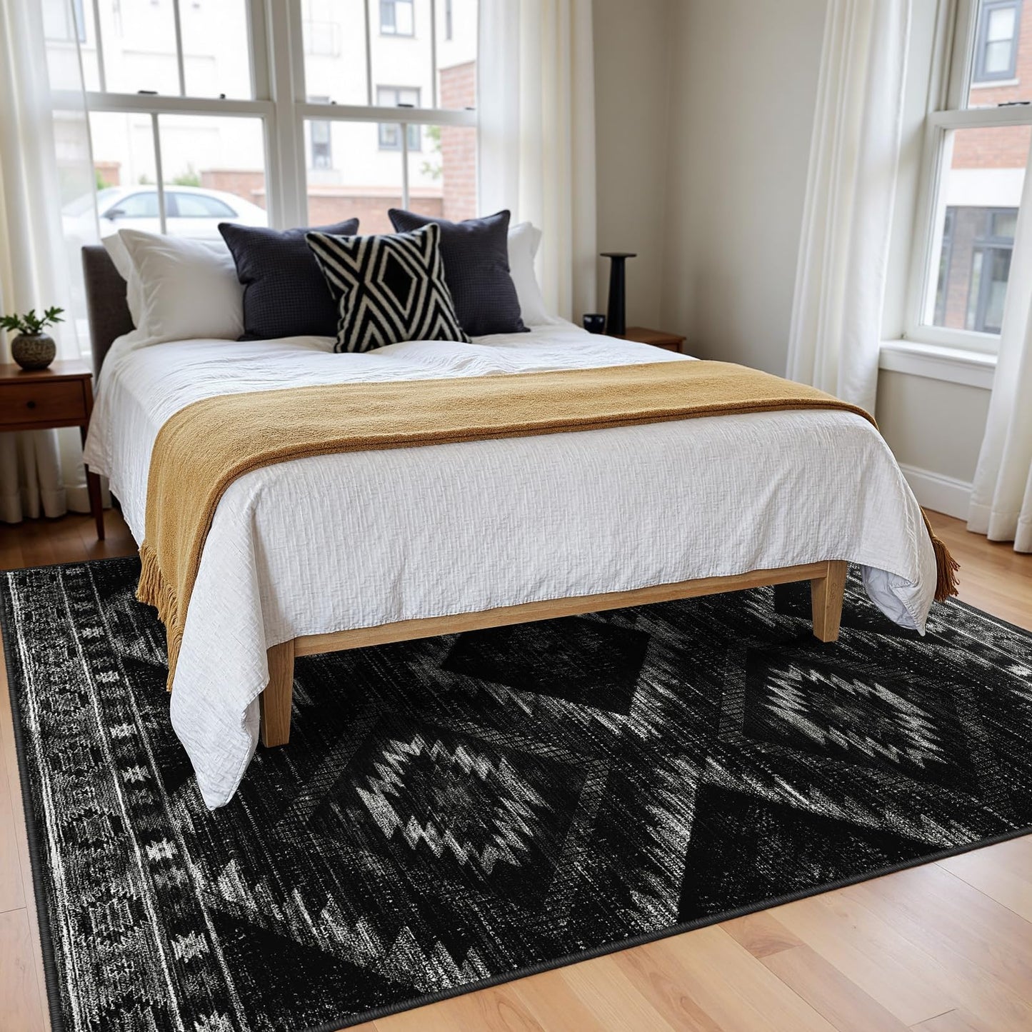 BESTSWEETIE Area Rug 5x7 Rug Machine Washable Non-Slip Low Pile Print Pattern Western Rug for Living Room Bedroom Entryway Tribal Series -Black