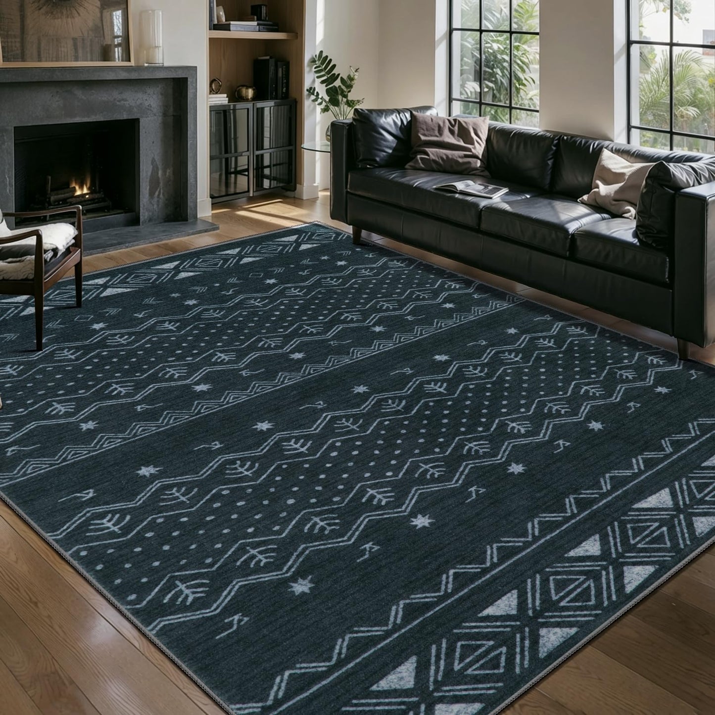 SERISSA 5x7 Area Rugs for Living Room, Washable Non-Slip Grey Boho Rug, Soft Low-Pile Geometric Indoor Large Carpet for Dining Room Bedroom Home Office Playroom