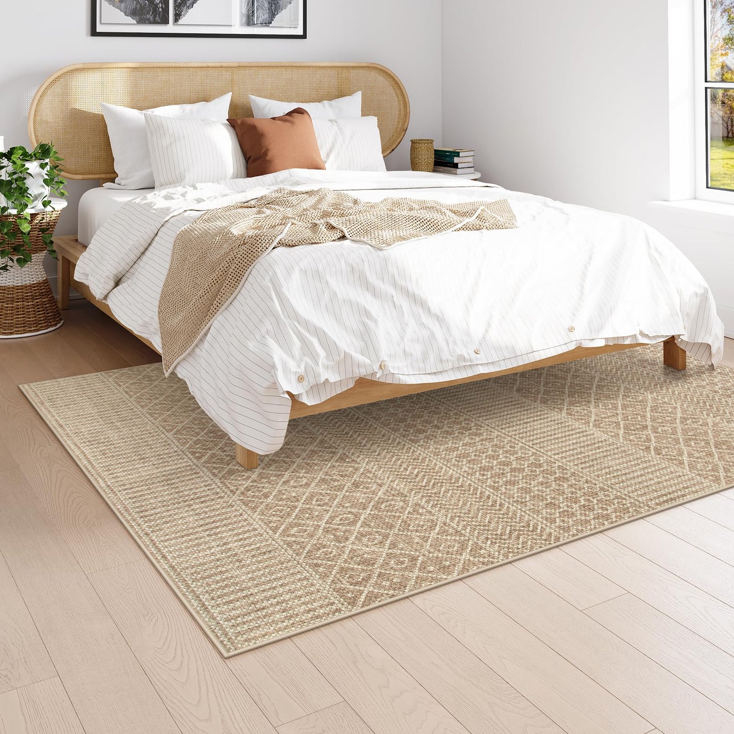 Lahome Farmhouse Geo 5x7 Rug, Beige, Ultra-Thin, Non-Slip, Machine Washable, Modern, Rectangular, Indoor, Boho, Moroccan, Bedroom, Dining Room, Living Room