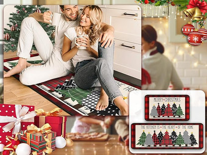 Buffalo Plaid Xmas Trees Merry Christmas Red Kitchen Rugs Set of 2, Non Skid Washable Soft Comfort Kitchen Rugs Set (17"x47"+17"x30",Merry Christmas)