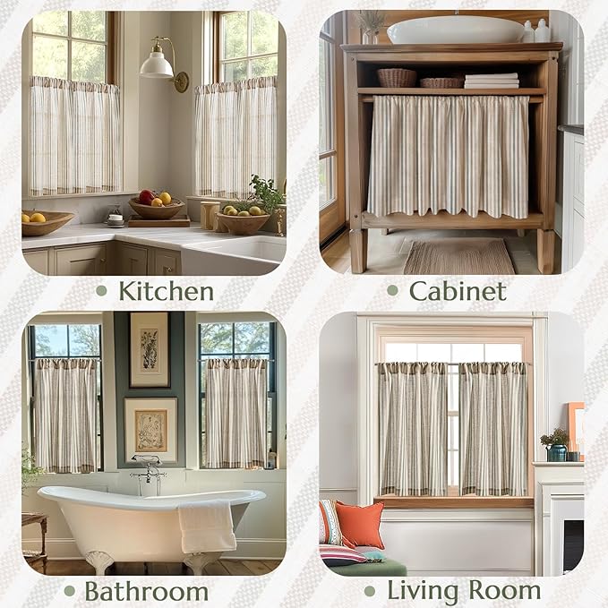 jinchan Colorful Striped Linen Kitchen Curtains 24 Inch Christmas Tier Curtains Farmhouse Modern Cafe Small Window Treatments Light Filtering Rod Pocket for Living Room Bathroom 2 Panels Multi Green