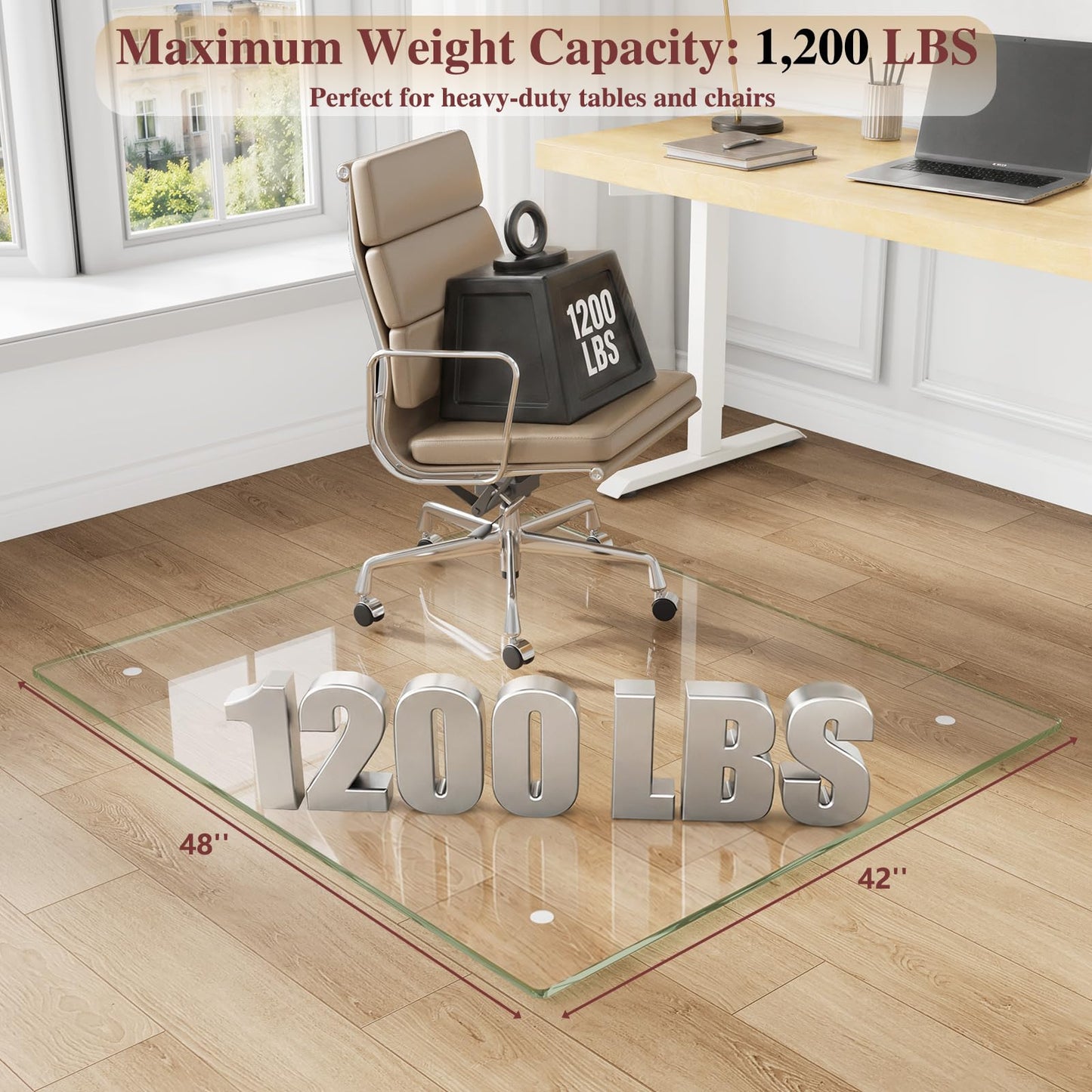 MYSUNORIA Tempered Glass Chair Mat, 42"x48" Office Chair Mat for Hardwood Floor, Clear Computer Chair Mat, 4 Non‑Slip Pads, Smooth Glide & Easy Clean, Carpet Hardwood Floor Protector