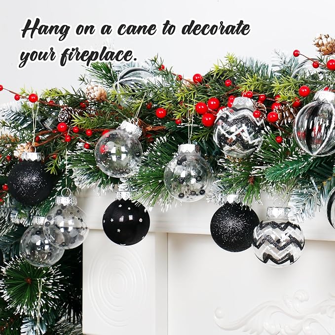 SY Super Bang 30PCS Black Christmas Ornaments Set, 60MM/2.36" Clear Plastic Shatterproof Ball Ornaments for Christmas Tree Hanging Decorations, for Home Holiday Party Xmas Decor.