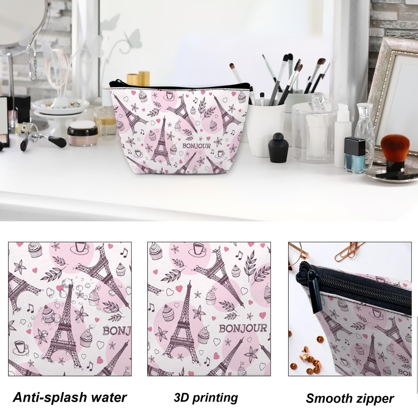 DEMACYA Watercolor Paris Tower Makeup Bag for Purse, Waterproof Funny Cosmetic Bag for Women, Zipper Travel Toiletry Pouch Gift 9.5×5.9 Inch