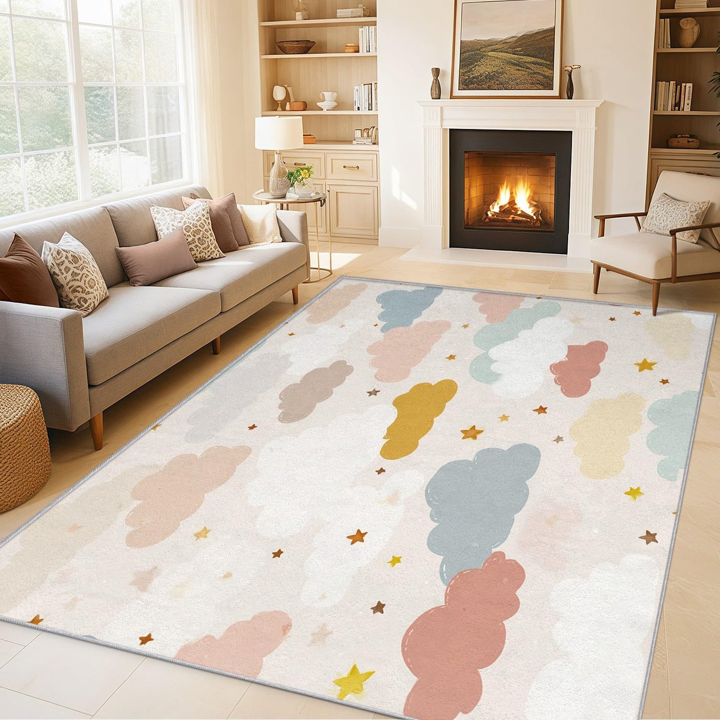 Cartoon Cloud Rugs for Home Decor, 8x10 ft, Kids Boys Girls Cloud Area Rugs for Living Room, Soft Non Slip Washable Cute Star Carpet Bedroom Decorations D-g17