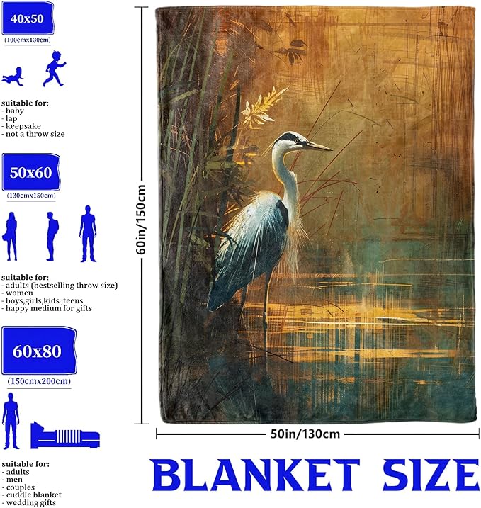 Blue Heron in Sunset Wetlands Throw Blanket for Boys Girls Kids Adults Women, Fuzzy Warm Soft Cozy Flannel Blankets Gifts for Bedroom, Couch, Travel, Home Decor 60x80 in