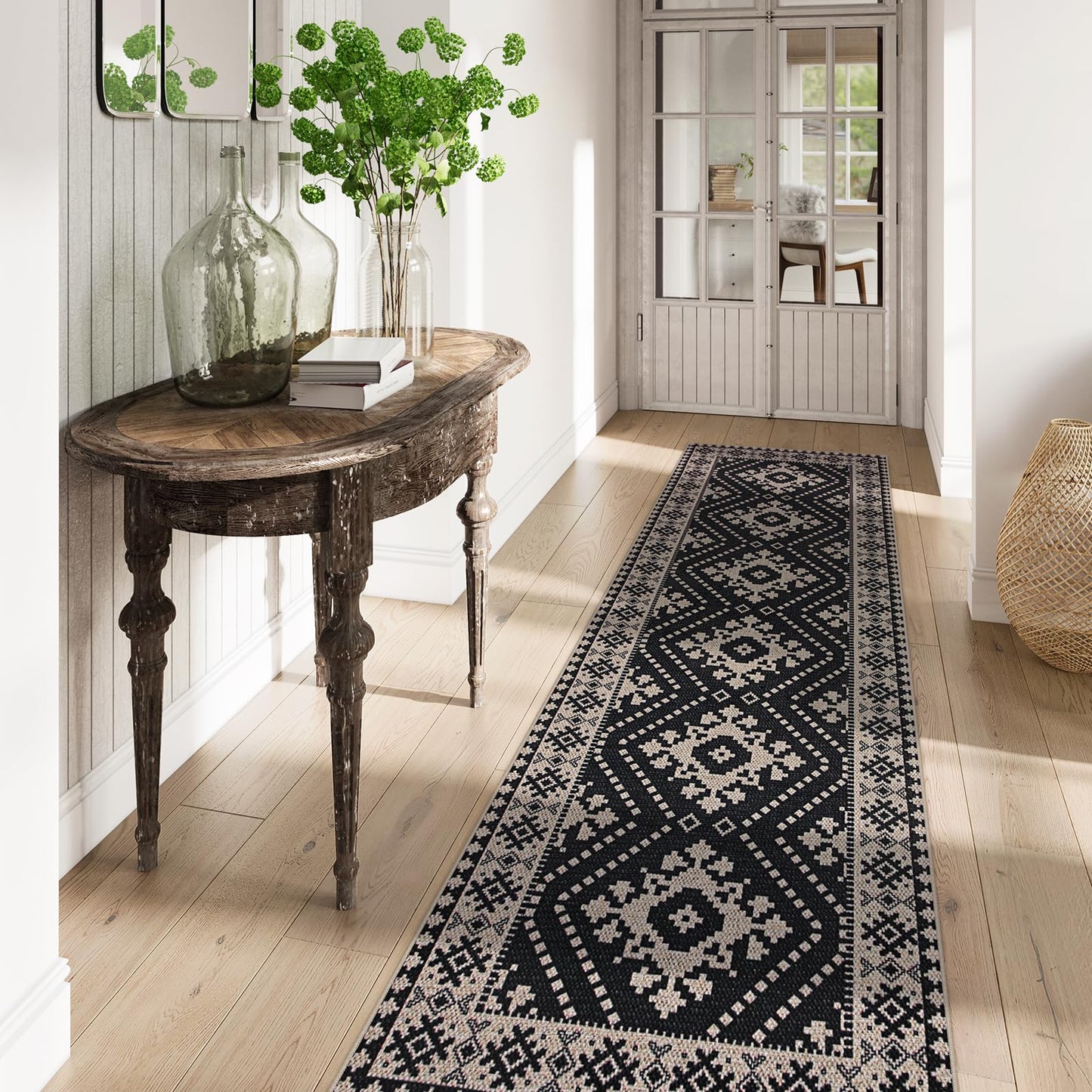 Lahome Bijou Moroccan Easy Jute Outdoor Runner Rug, 2x8 Washable Black Hallway Kitchen Runner Rug with Rubber Backing, Farmhouse Indoor Outdoor Carpet for Hallway 8ft Entryway Porch