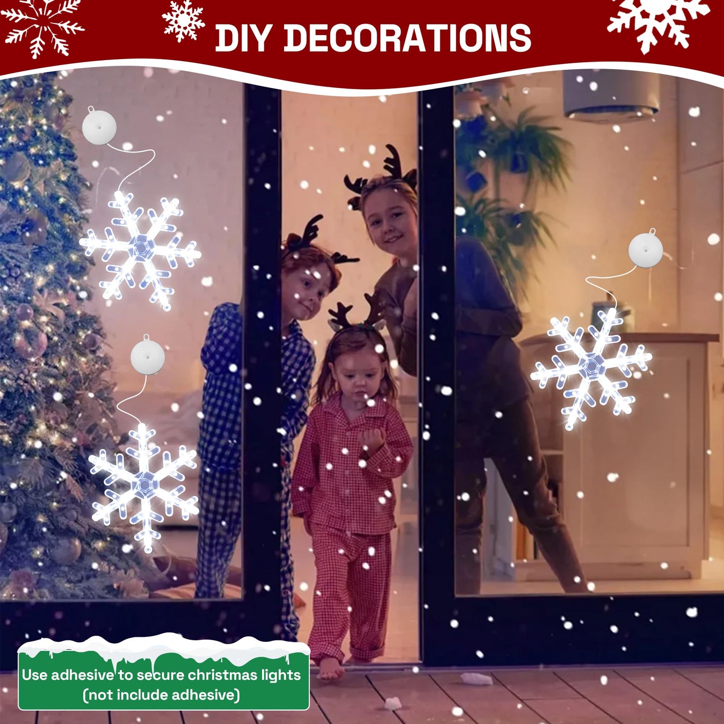 [Timer] Christmas Window Decorations, 3 Pack Snowflake Christmas Window Lights with Suction Cup, Hanging LED Battery Operated Xmas Lights Indoor Outdoor Xmas Tree Fireplace Home Party Decor - While
