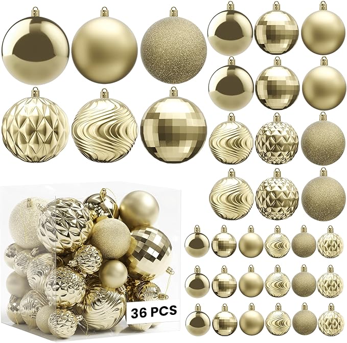 Annecy Christmas Tree Ornaments - 36 PCS Shatterproof Christmas Ball Ornaments Set for Holiday, Wreath & Party Decorations (Multi-Size, Champagne)