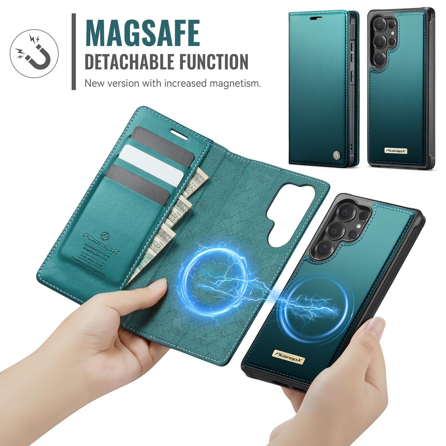 PlusnapX Wallet Case for Samsung Galaxy S24 Ultra Compatible with Magsafe, 2-in-1 PU Leather Flip RFID Blocking Card Holder Stand Shockproof Magnetic Detachable Cover for Galaxy S24 Ultra, Bluegreen