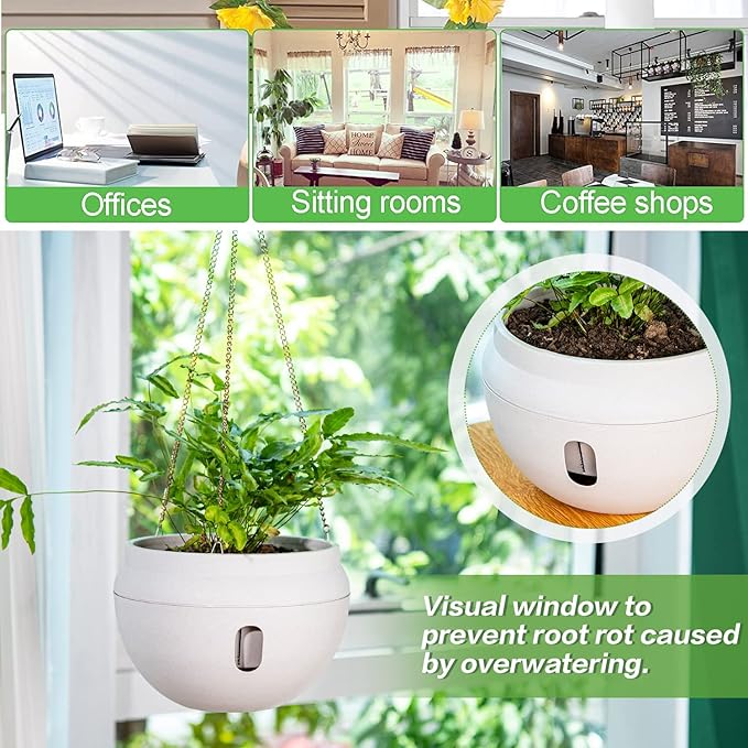 Sungmor 2PC 6.5" & 8.7" Dia. Self Watering Hanging Planters, Strong Plastic Hanging Flower Pots, Decorative Indoor Outdoor Hanging Basket, Garden House Porch Yard Detachable Base Suspended Plant Pots
