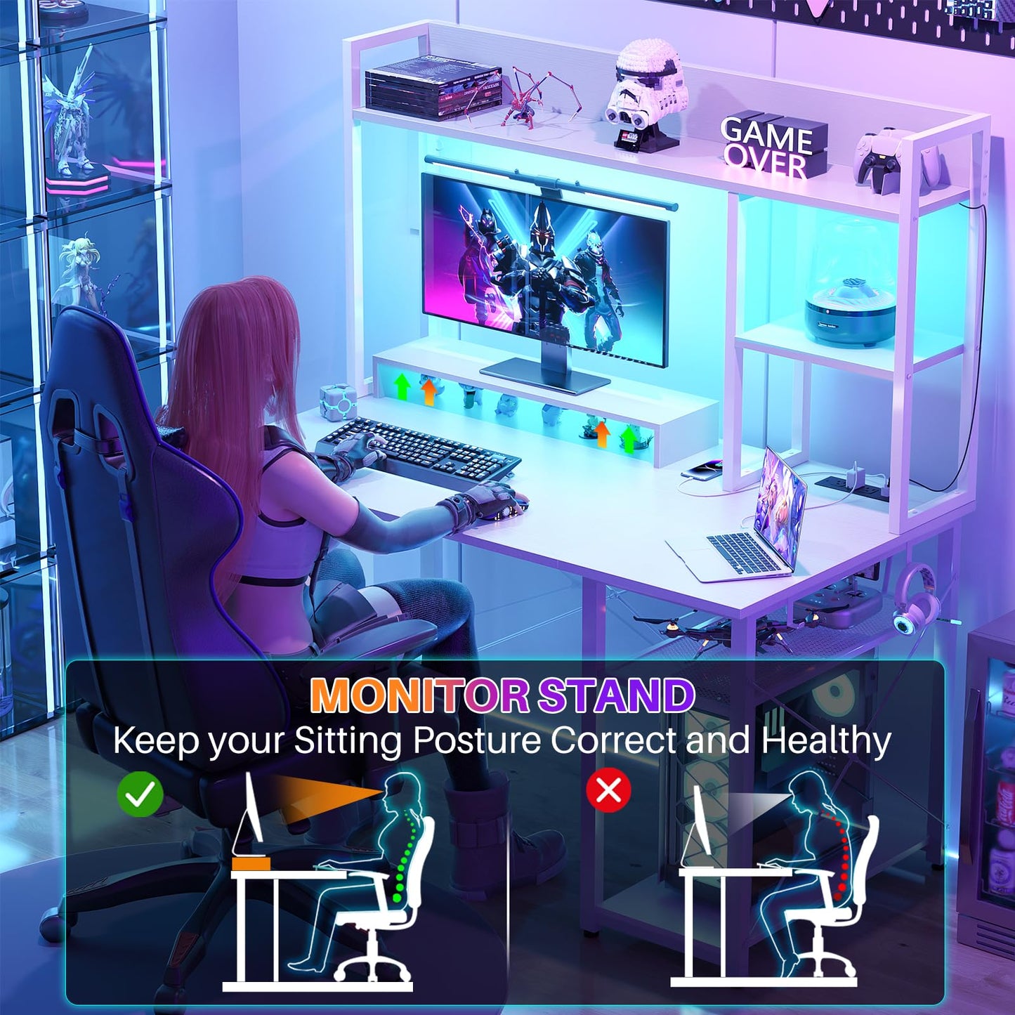 Cyclysio Gaming Desk with Hutch, 39'' Computer Desk with LED Lights & Power Outlets, Home Office Desk with Reversible 5 Tiers Storage Shelves & Monitor Stand, Small Gaming Table for Small Space, White