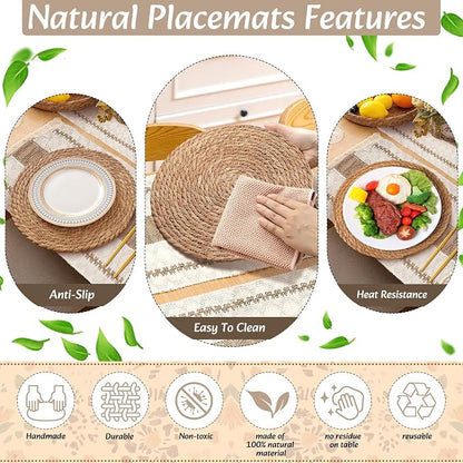 6 Sets Boho Decoration Placemats Round Woven Placemats, Cloth Napkins, Wood Bead Napkin Rings, Long Table Runner and Farmhouse Burlap Cotton for Table Kitchen (Brown,12x72)