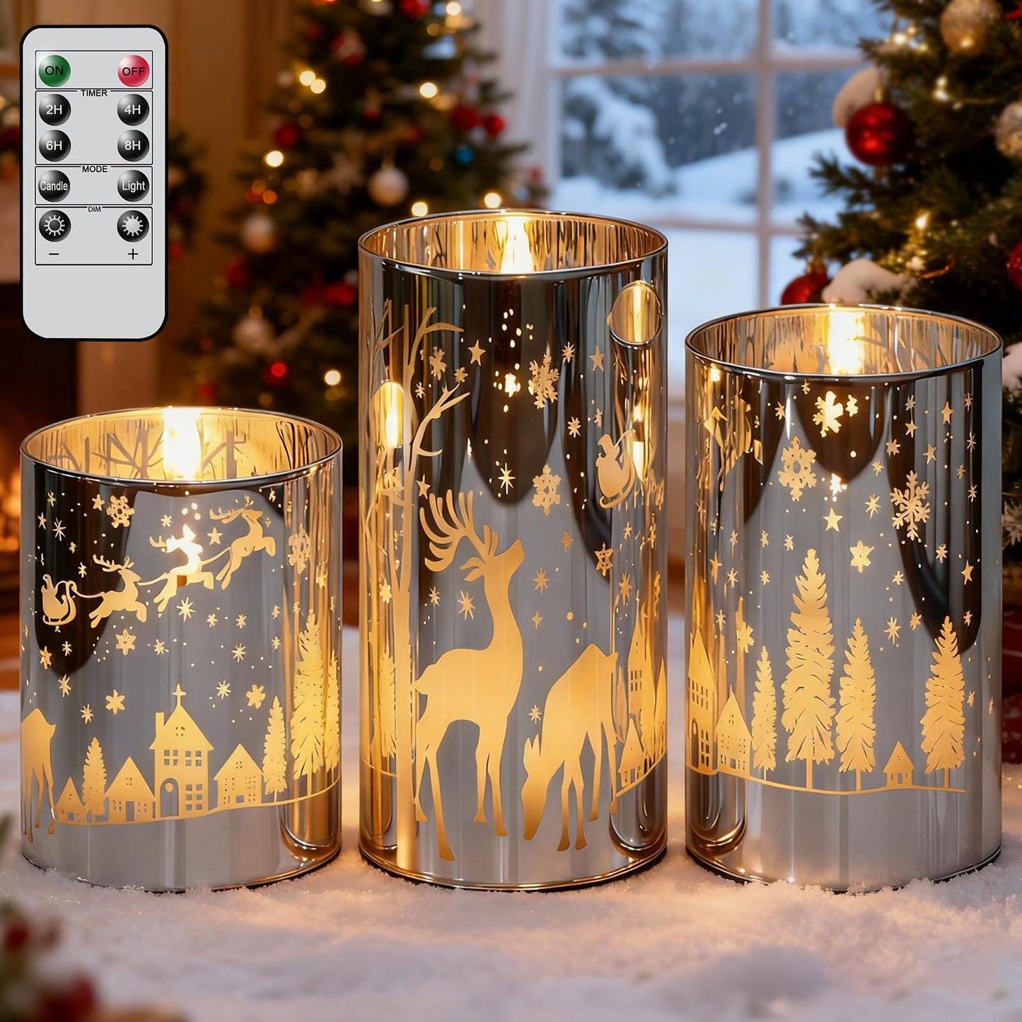 Lasumora Silver Christmas Reindeer Flameless Candles with Remote Timer, Set of 3 LED Candles in Plated Glass Holder, Battery Operated Candles Real Wax for Home Décor Christmas Gifts, D3”x H4” 5” 6”