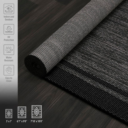 CAMILSON Indoor Outdoor Rug, 8x10 Bordered Dark Gray Black Modern Area Rugs for Indoor and Outdoor Patios, Kitchen and Hallway Mats, Washable Porch Deck Outside Carpet (Bordered Black, 8 x 10)
