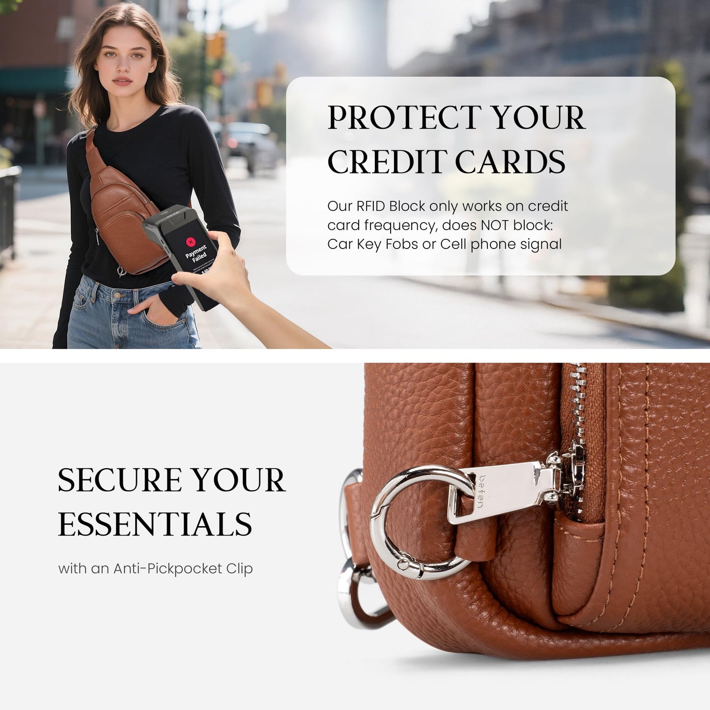 befen Real Leather Small Sling Bags for Women, Womens Anti-Theft Crossbody Bag Purses Chest Bags Purse with Built in RFID Wallet for Travel Cognac Brown