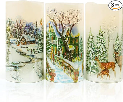 Christmas Flameless Candles Real Wax LED Candles Decor Battery Operated with Timer and Green Christmas Tree Decal,Set of 3,Warm Light
