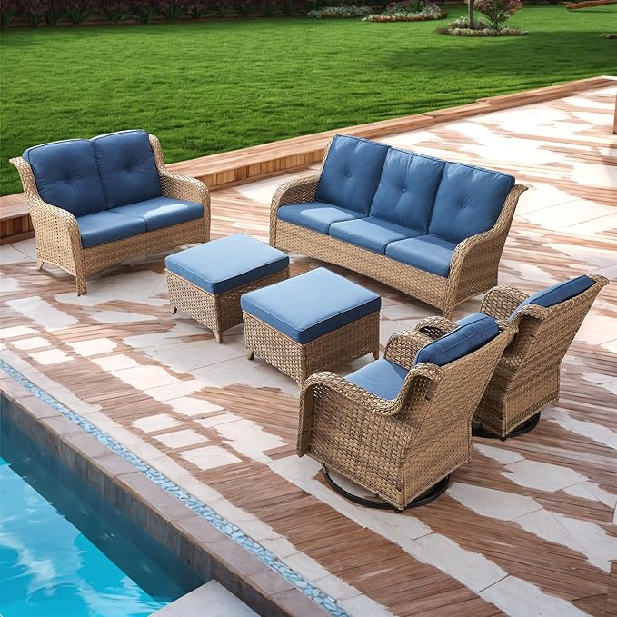 Rilyson Patio Furniture Swivel Chairs Set - 6 Piece Wicker Rattan Outdoor Sectional Conversation Sets with 2 Rocking Swivel Chairs,2 Ottomans,1 Sofa and 1 Loveseat for Porch Deck(Yellow/Blue)